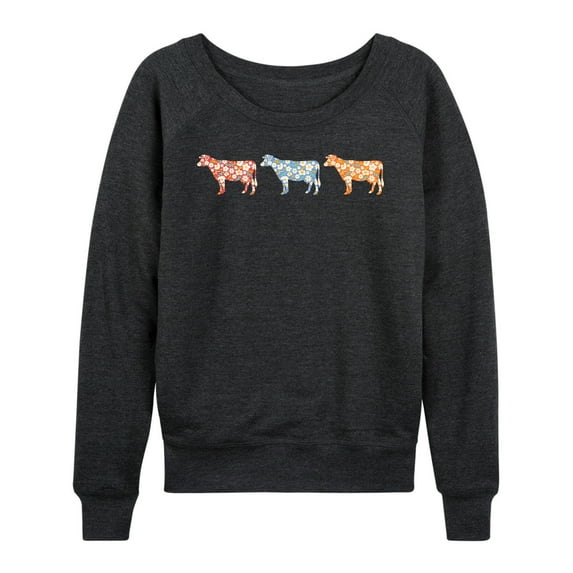 Instant Message - 3 Small Floral Print Cows - Women's Lightweight French Terry Long Sleeve Shirt