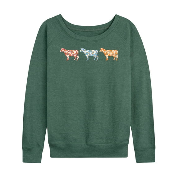 Instant Message - 3 Small Floral Print Cows - Women's Lightweight French Terry Long Sleeve Shirt