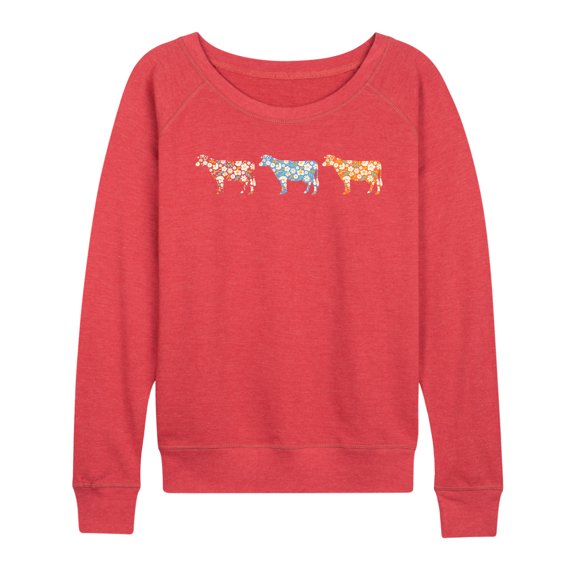 Instant Message - 3 Small Floral Print Cows - Women's Lightweight French Terry Pullover