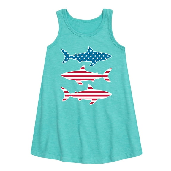 Instant Message - 4th of July - Shark American Flag - Toddler & Youth Girls A-line Dress