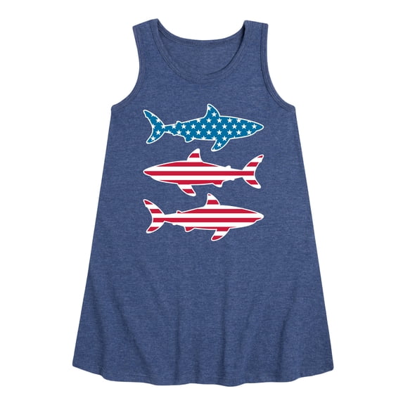 Instant Message - 4th of July - Shark American Flag - Toddler & Youth Girls A-line Dress