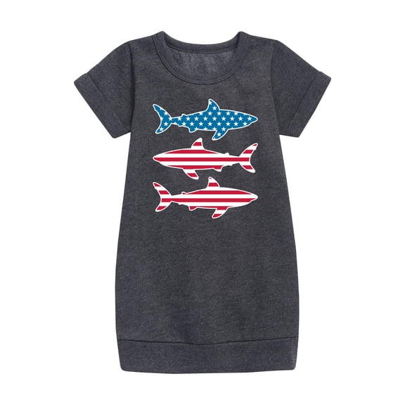Instant Message - 4th of July - Shark American Flag - Toddler & Youth Girls Fleece Dress