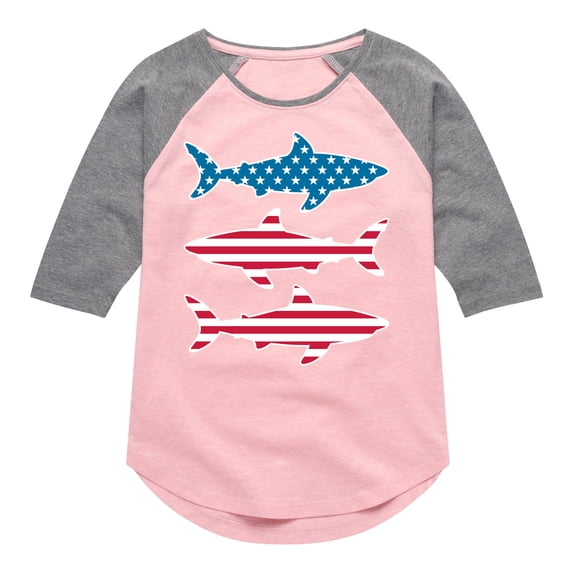 Instant Message - 4th of July - Shark American Flag - Toddler & Youth Girls Raglan Graphic T-Shirt