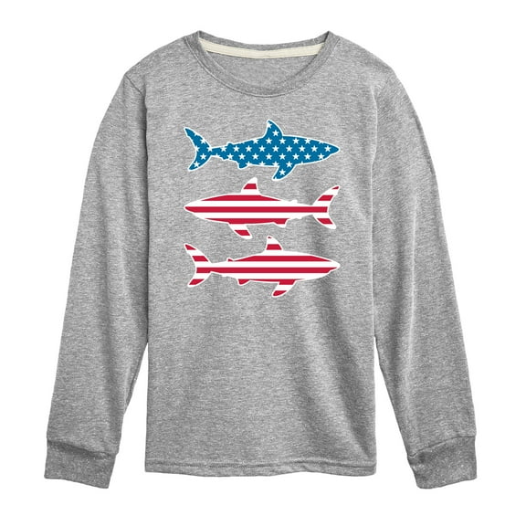 Instant Message - 4th of July - Shark American Flag - Toddler & Youth Long Sleeve Graphic T-Shirt