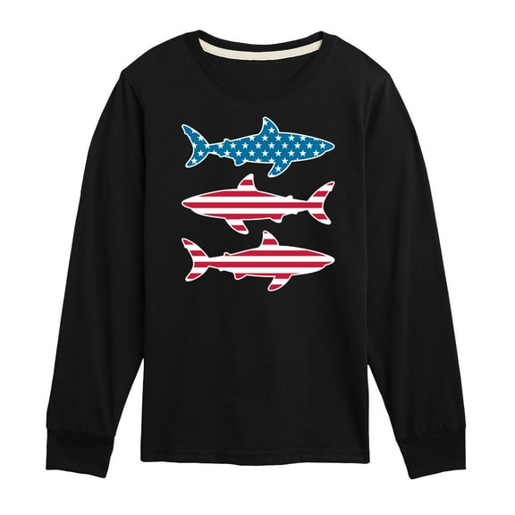 Instant Message - 4th of July - Shark American Flag - Toddler & Youth Long Sleeve Graphic T-Shirt