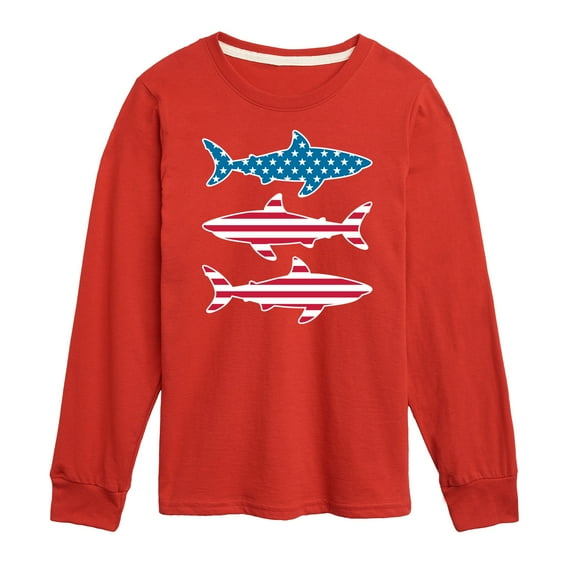 Instant Message - 4th of July - Shark American Flag - Toddler & Youth Long Sleeve Graphic T-Shirt