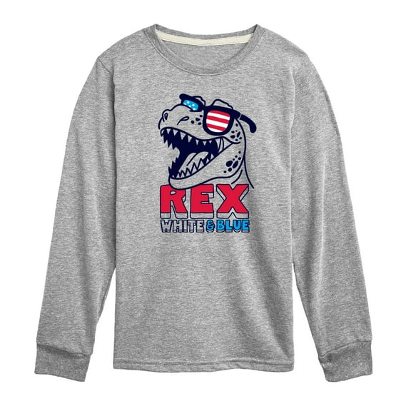 Instant Message - 4th of July - T Rex White & Blue - Toddler & Youth Long Sleeve Graphic T-Shirt
