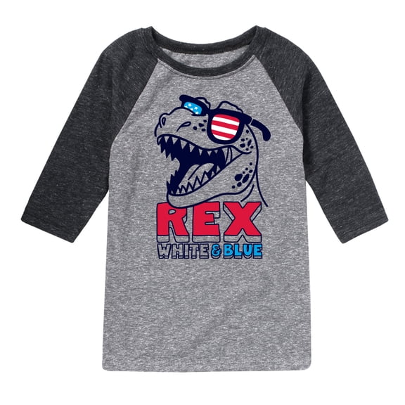 Instant Message - 4th of July - T Rex White & Blue - Toddler & Youth Raglan Graphic T-Shirt