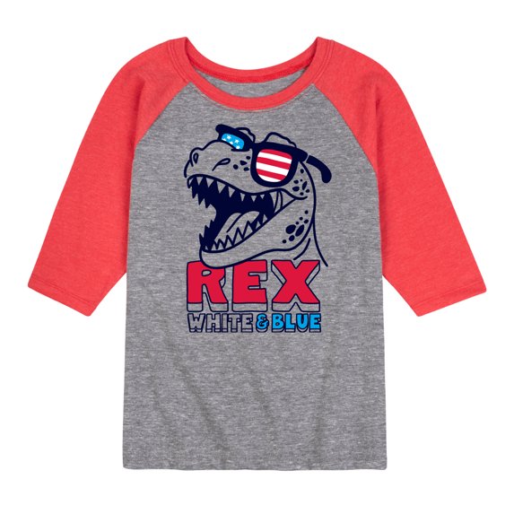 Instant Message - 4th of July - T Rex White & Blue - Toddler & Youth Raglan Graphic T-Shirt