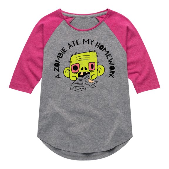 Instant Message - A Zombie Ate My Homework  - Toddler & Youth Girls Raglan Graphic T-Shirt