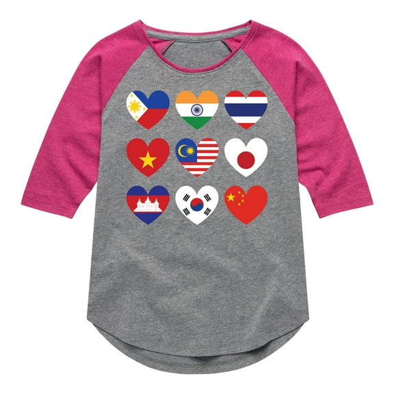 Instant Message - AAPI Heart Flags  - Toddler & Youth Girls Raglan Graphic T-Shirt