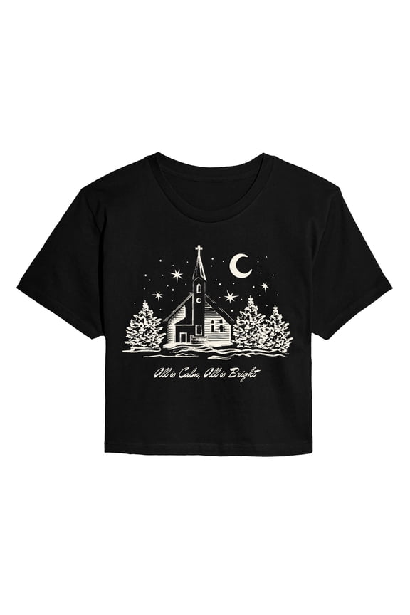 - All is Calm Church Scene - Juniors Cropped Graphic T-Shirt