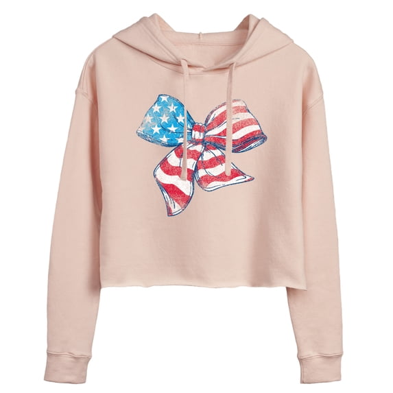 Instant Message - American Flag Bow - Juniors Cropped Fleece Hoodie Sweatshirt