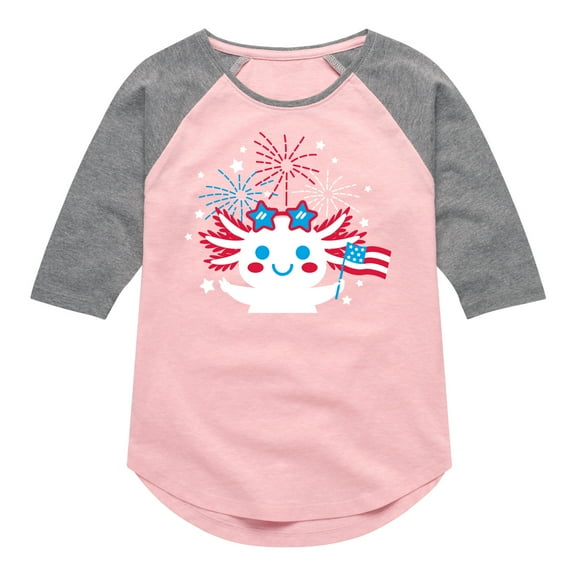 Instant Message - Americana - Axolotl Celebrating with Fireworks - Toddler & Youth Girls Raglan Graphic T-Shirt