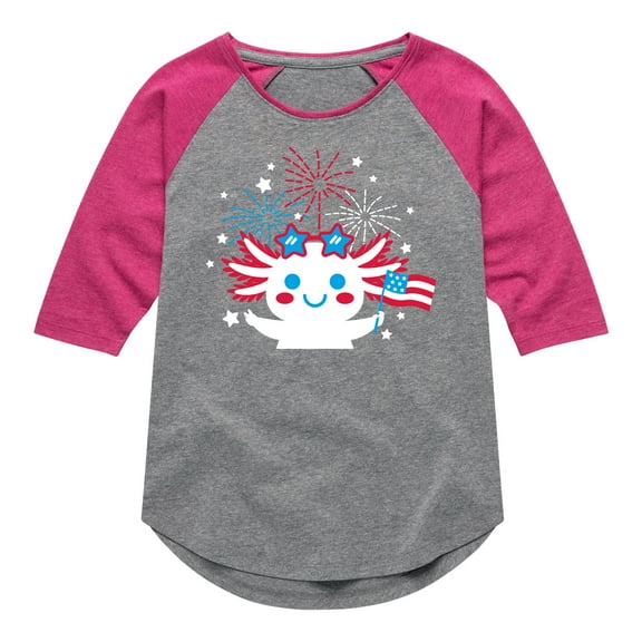 Instant Message - Americana - Axolotl Celebrating with Fireworks - Toddler & Youth Girls Raglan Graphic T-Shirt