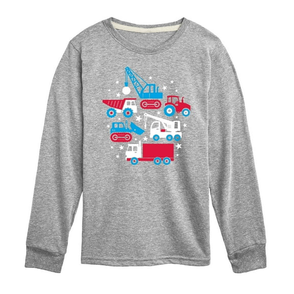Instant Message - Americana - Red, White, & Blue Construction Trucks - Toddler & Youth Long Sleeve Graphic T-Shirt