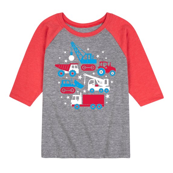 Instant Message - Americana - Red, White, & Blue Construction Trucks - Toddler & Youth Raglan Graphic T-Shirt