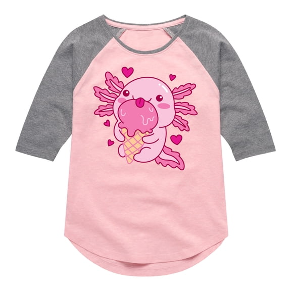 Instant Message - Axolotl Loves Ice Cream - Toddler & Youth Girls Raglan Graphic T-Shirt