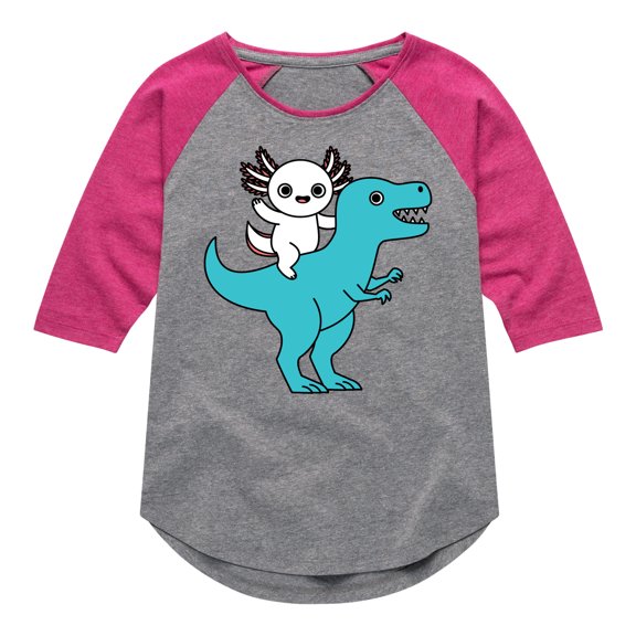 Instant Message - Axolotl Riding A Dinosaur - Toddler And Youth Girls Raglan Graphic T-Shirt