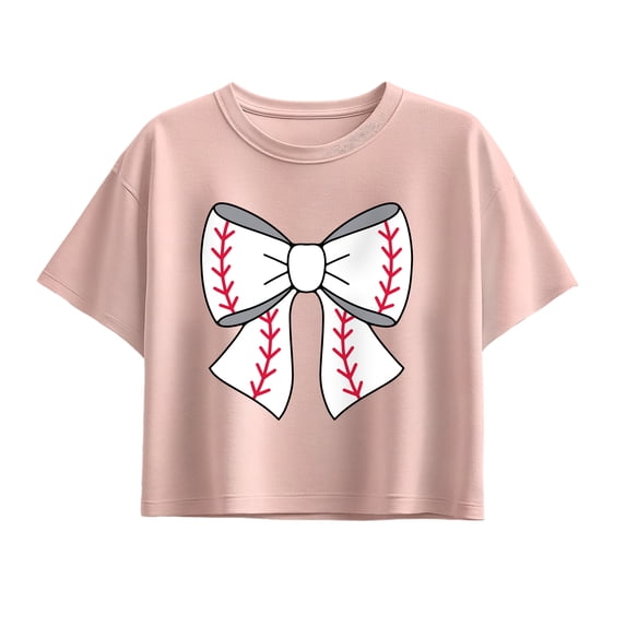 Instant Message - Baseball Bow - Youth Girl Short Sleeve Boxy Tee