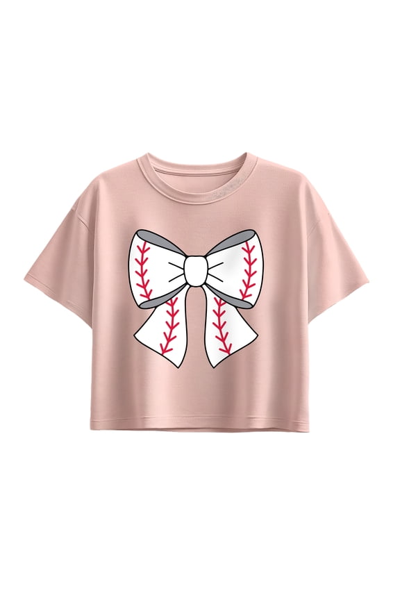 - Baseball Bow - Youth Girl Short Sleeve Boxy Tee