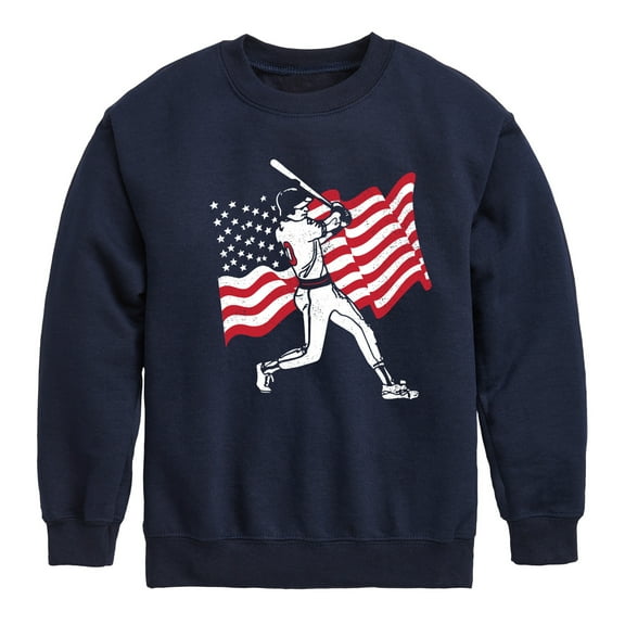Instant Message - Baseball Player American Flag - Toddler & Youth Crewneck Fleece Sweatshirt