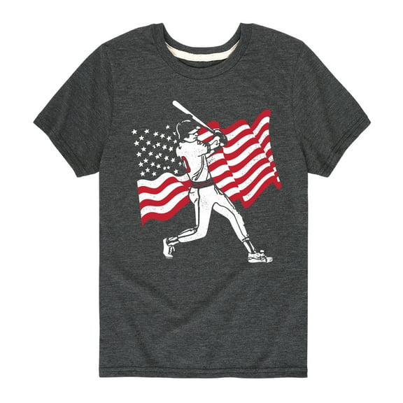 Instant Message - Baseball Player American Flag - Toddler & Youth Short Sleeve  T-Shirt