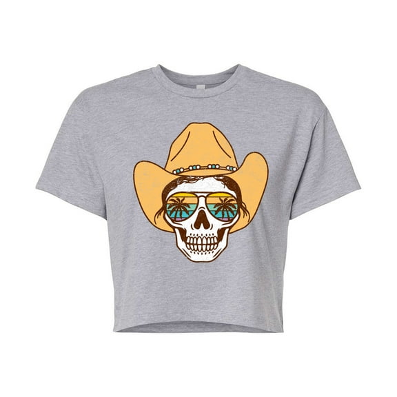Instant Message - Beach Cowgirl Skull - Juniors Cropped Graphic T-Shirt