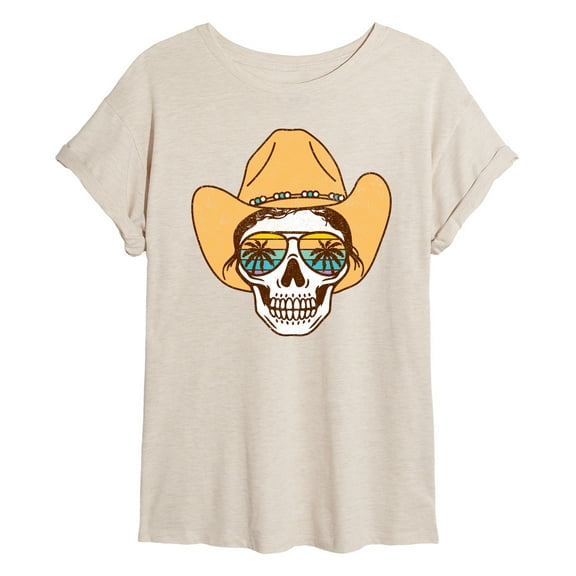 Instant Message - Beach Cowgirl Skull - Juniors Oversized Graphic T-Shirt