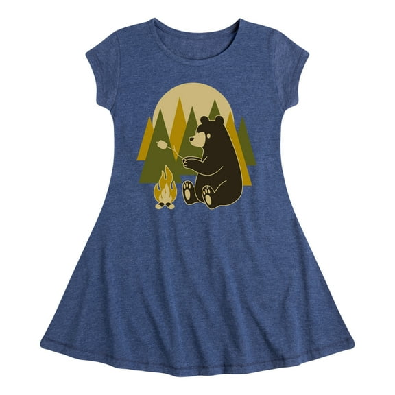 Instant Message - Bear Roasting Marshmallows - Toddler & Youth Girls Fit & Flare Dress