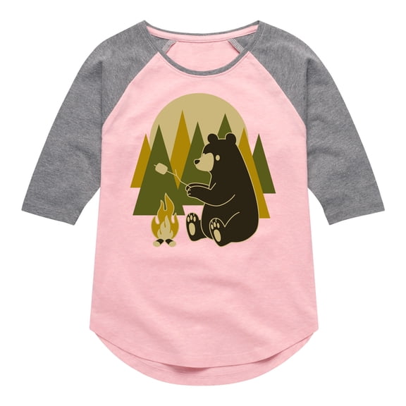 Instant Message - Bear Roasting Marshmallows - Toddler & Youth Girls Raglan Graphic T-Shirt