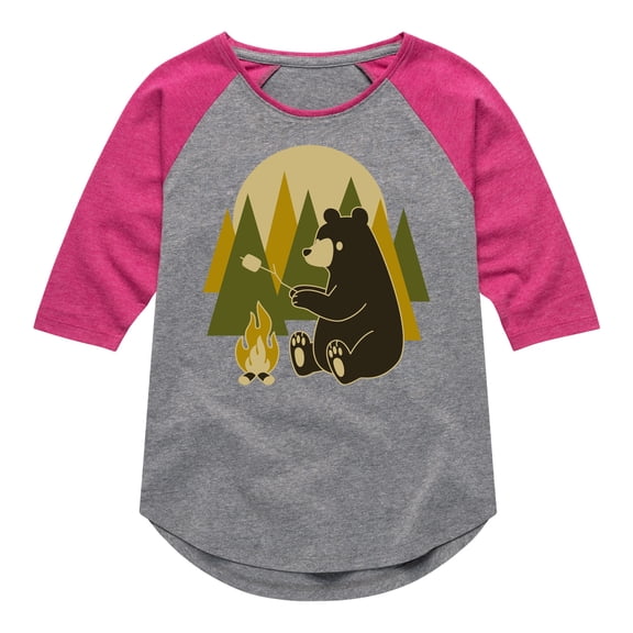 Instant Message - Bear Roasting Marshmallows - Toddler & Youth Girls Raglan Graphic T-Shirt