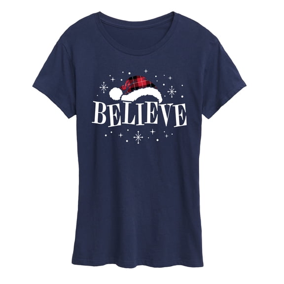 Instant Message - Believe Plaid Santa Hat Christmas - Women's Short Sleeve Graphic T-Shirt