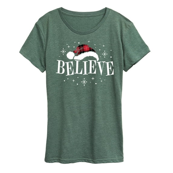 Instant Message - Believe Plaid Santa Hat Christmas - Women's Short Sleeve Graphic T-Shirt