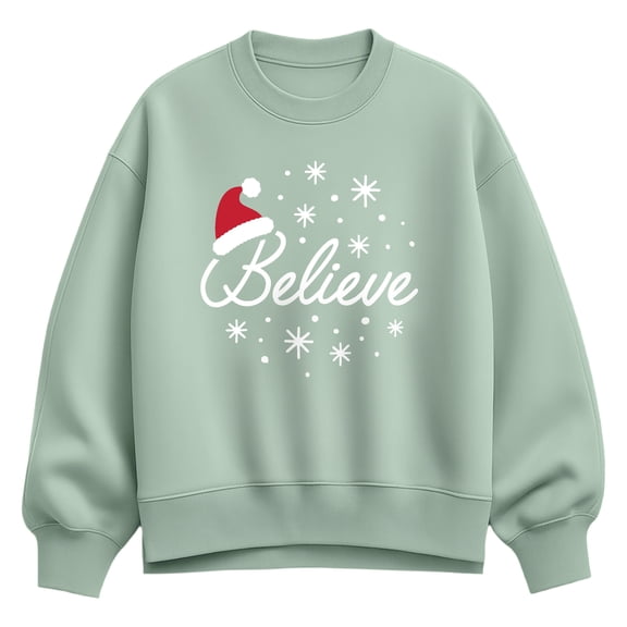 Instant Message - Believe With Santa Hat - Ladies Oversized Fleece Crew Sweatshirt