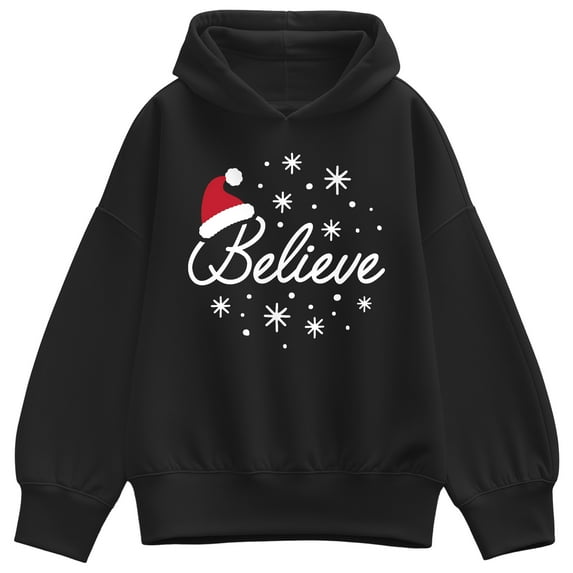 Instant Message - Believe With Santa Hat - Ladies Oversized Fleece Hoodie Sweatshirt