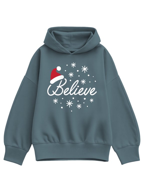 - Believe With Santa Hat Women's Oversized Fleece Hoodie Sweatshirt