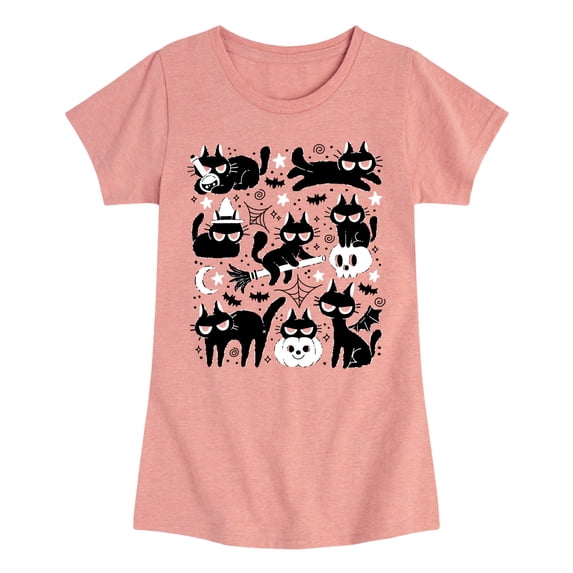 Instant Message - Black Cat Halloween -Youth Girls Short Sleeve T-Shirt Girls' Fitted Short Sleeve Graphic T-Shirt