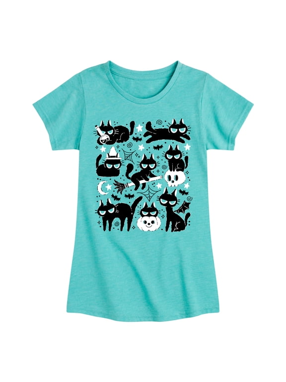 - Black Cat Halloween -Youth Girls Short Sleeve T-Shirt Girls' Fitted Short Sleeve Graphic T-Shirt