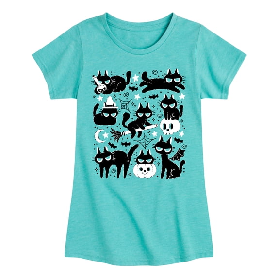 Instant Message - Black Cat Halloween -Youth Girls Short Sleeve T-Shirt Girls' Fitted Short Sleeve Graphic T-Shirt