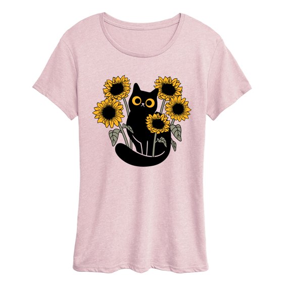 Instant Message - Black Cat In Sunflowers - Women's Short Sleeve Graphic T-Shirt