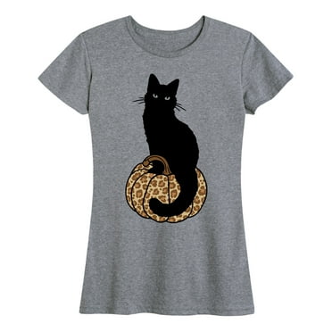 Instant Message - Black Cat On Leopard Pumpkin - Women And Plus Size Short Sleeve Graphic T-Shirt