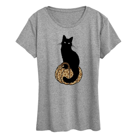Instant Message - Black Cat On Leopard Pumpkin - Women And Plus Size Short Sleeve Graphic T-Shirt