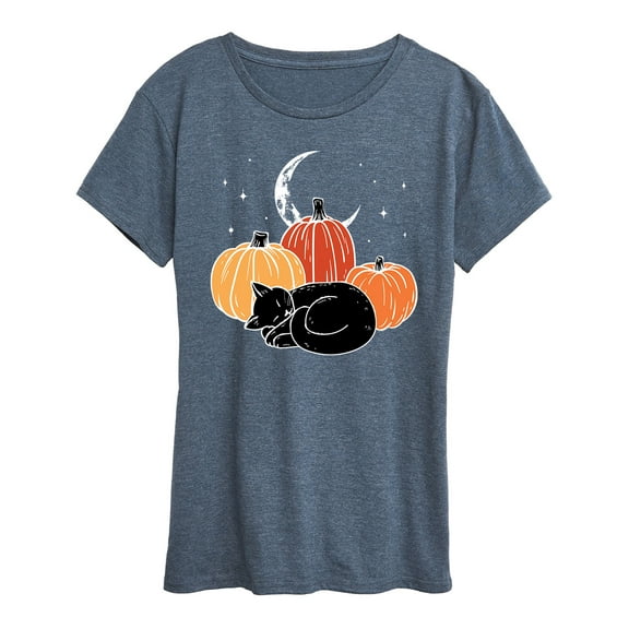 Instant Message - Black Cat Pumpkin Nap - Women's Short Sleeve Graphic T-Shirt