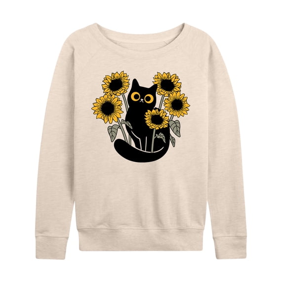 Instant Message - Black Cat in Sunflowers Women's Lightweight French Terry Wide Neck Long Sleeve Graphic Shirt