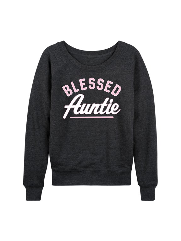 - Blessed Auntie Women's Lightweight French Terry Wide Neck Long Sleeve Graphic Shirt