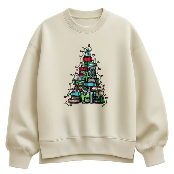 Instant Message - Book Christmas Tree - Ladies Oversized Fleece Crew Sweatshirt