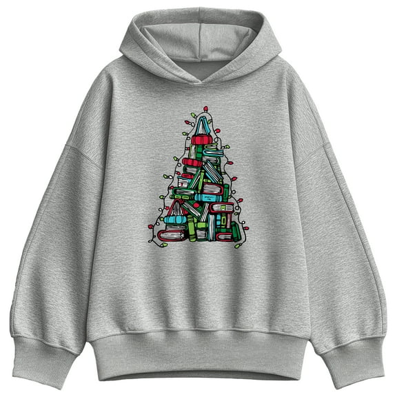 Instant Message - Book Christmas Tree - Ladies Oversized Fleece Hoodie Sweatshirt