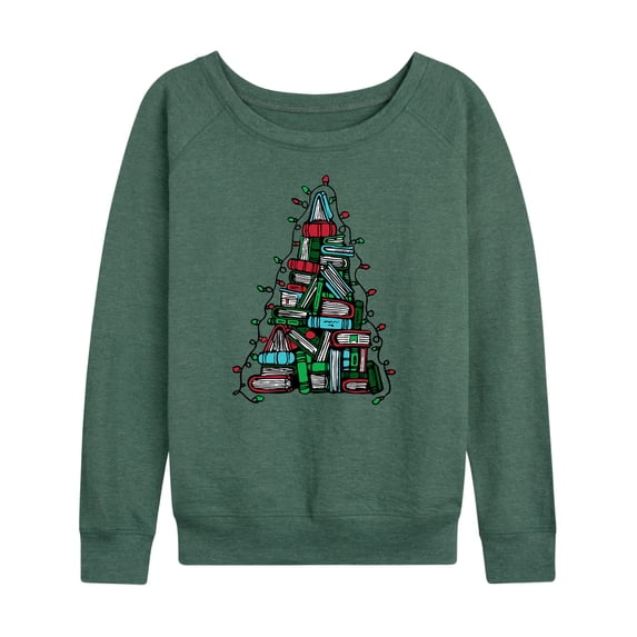 Instant Message - Book Christmas Tree Lightweight French Terry Wide Neck Long Sleeve Graphic Shirt