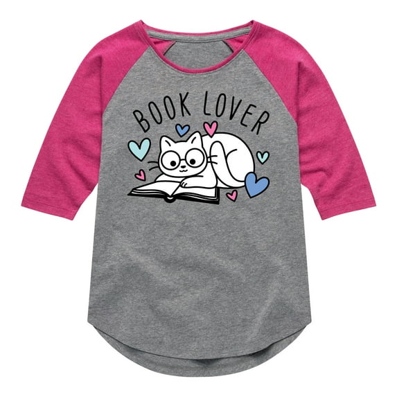 Instant Message - Book Lover Cat - Toddler And Youth Girls Raglan Graphic T-Shirt